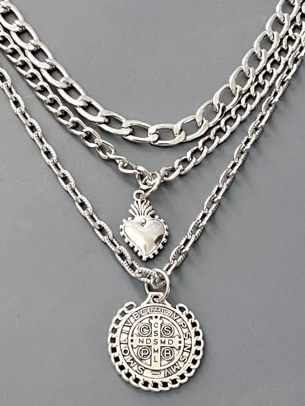 NEW, layered silver necklace SAN BENITO CROSS, SACRED HEART romantic goth gothic